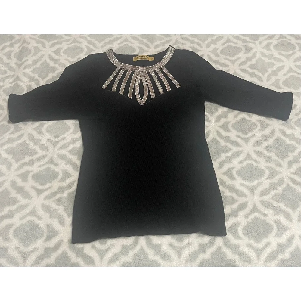 Vinizbena Black Embellished Neckline Long Sleeve Knit Top Women‎ Size S Italy